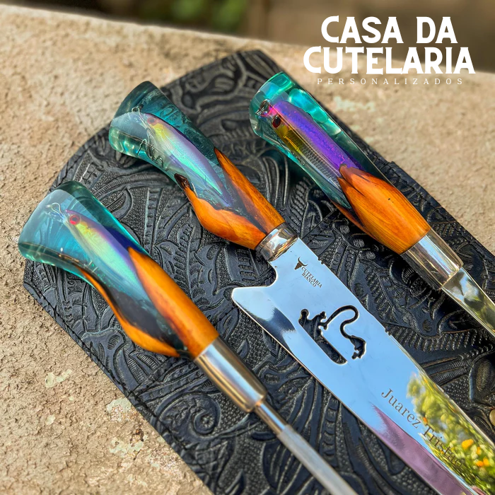 Kit Churrasqueiro Pescador 3 Peças - Faca, Garfo e Chaira